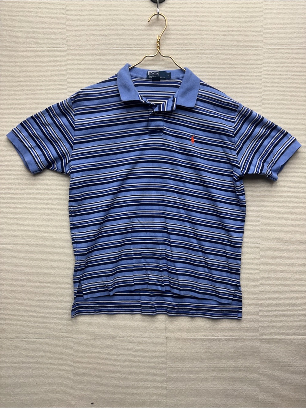 Polo by Ralph Lauren Light Blue & Navy Striped Polo with orange Pony large